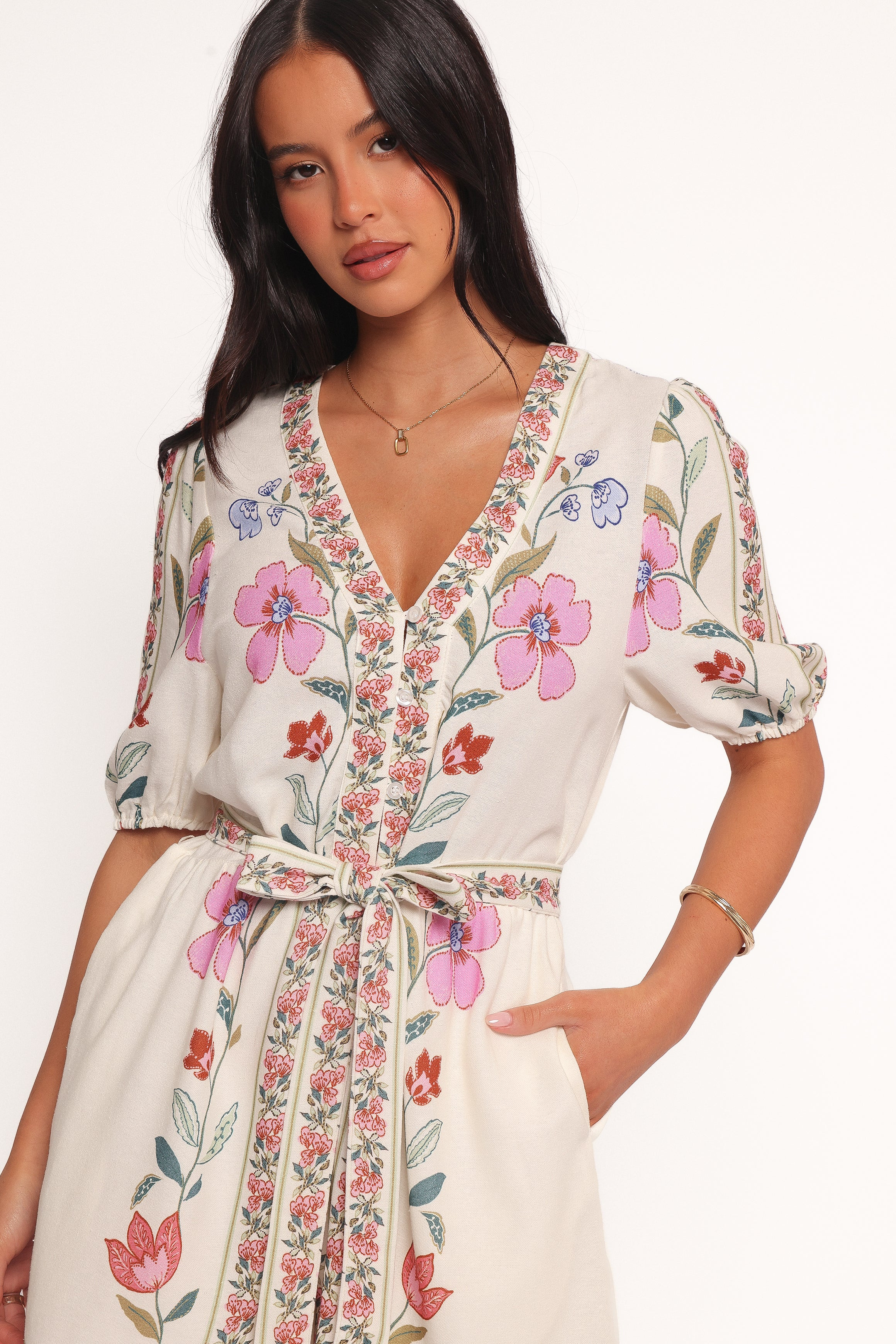 Ginger Tie Waist Romper - Pink Multi | Petal & Pup (US)