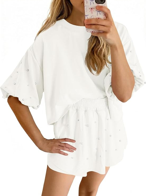 Fisoew Womens Summer Lounge Shorts Sets 2 Piece Outfits Decor Pearl Short Puff Sleeve Sweatshirt ... | Amazon (US)