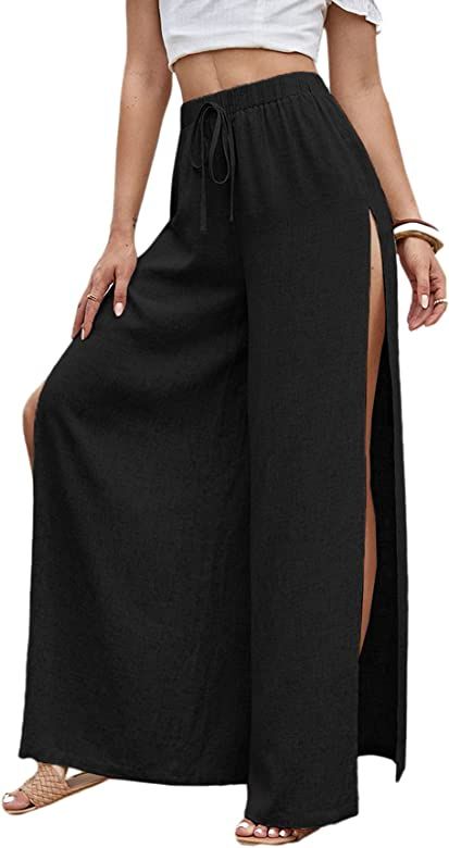 WDIRARA Women's Tie Front Elastic Waist Split Side Wide Leg Casual Pants | Amazon (US)