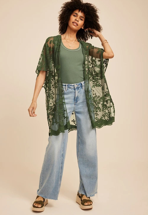 Floral Embroidered Mesh Kimono | Maurices