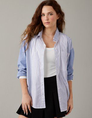 AE Perfect Mixed Stripe Button-Up Shirt | American Eagle Outfitters (US & CA)