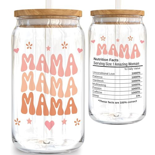 KLUBI Mama Gifts for Mothers Day from Daughter - Mom Glass Tumbler 16 Ounce Mama Cups Tumbler with Straw - Birthday Gift for Mom Iced Coffee Glass Nutritional Facts | Amazon (US)