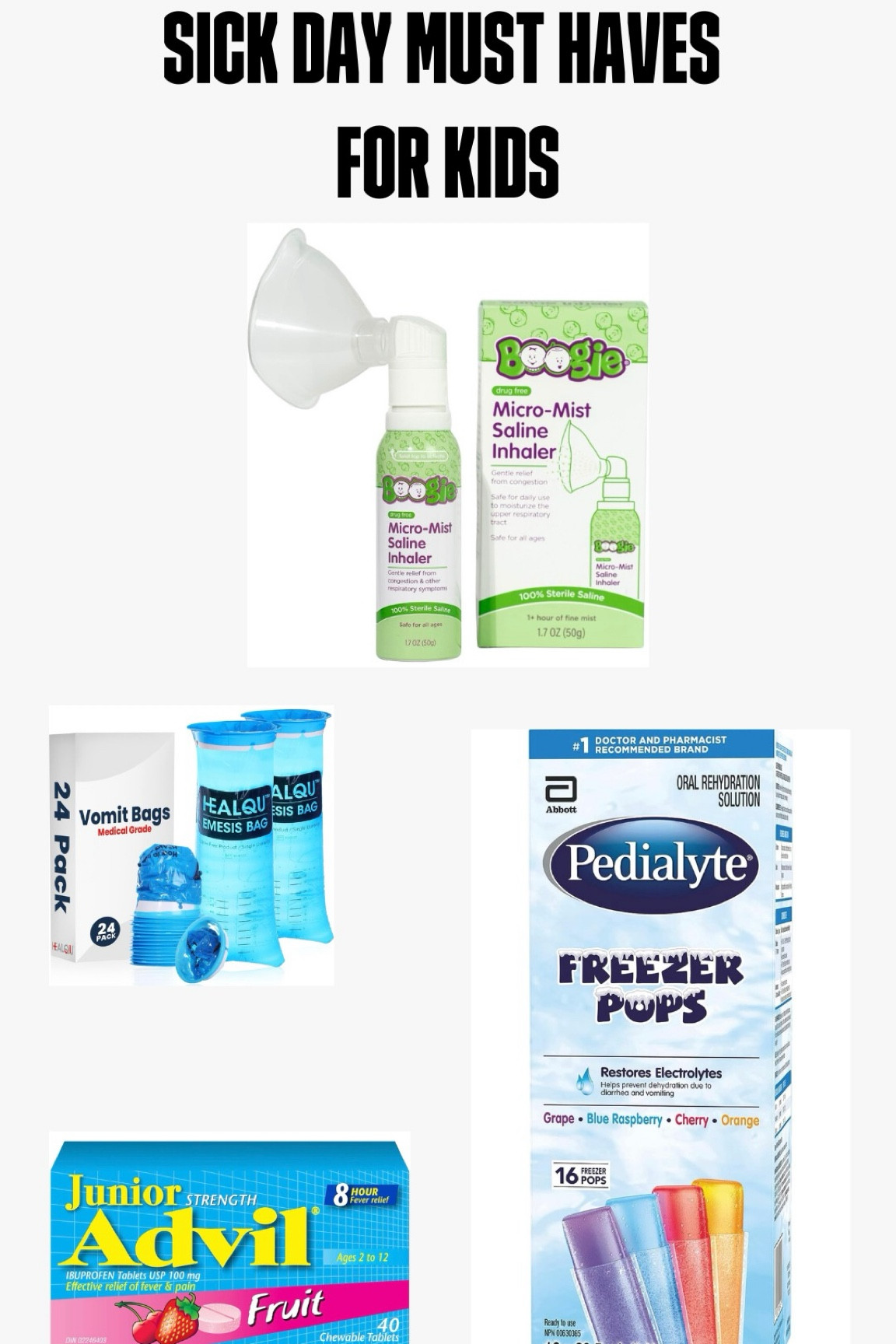 These are my MUST haves for a sick day! I find Advil (they love the fruit chewables) works better than Tylenol for my kids and they love these hydrating freezies! The Boogie Nebulizer really helps congestion and I keep these sick bags in every room when they’re sick and in my car (solidarity to the parents who struggle with kids car sickness 👊🏼). 