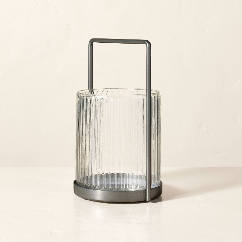 Ribbed Glass & Steel Pillar Candle Lantern Clear/Silver - Hearth & Hand™ with Magnolia | Target