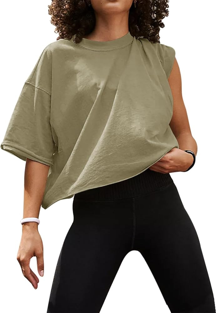 UEU Women's Comfy Basic Workout Gym Short Sleeve Crop Tops Casual Loose Oversized T-Shirts | Amazon (US)