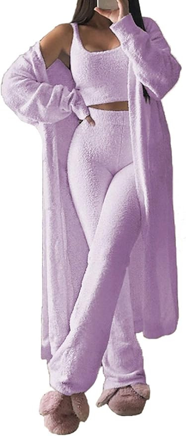 TOLENY Women's Fuzzy 3 Piece Lounge Sets Sweatsuits Open Front Cardigan Crop Tank Tops Wide Legs ... | Amazon (US)