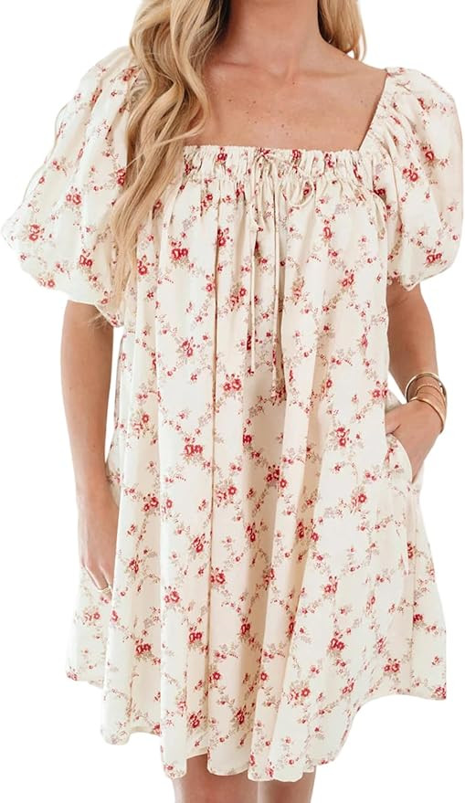 Women Y2k Puff Sleeve Babydoll Dress Square Neck Tie Back Mini Dresses Summer Solid Off Shoulder ... | Amazon (US)