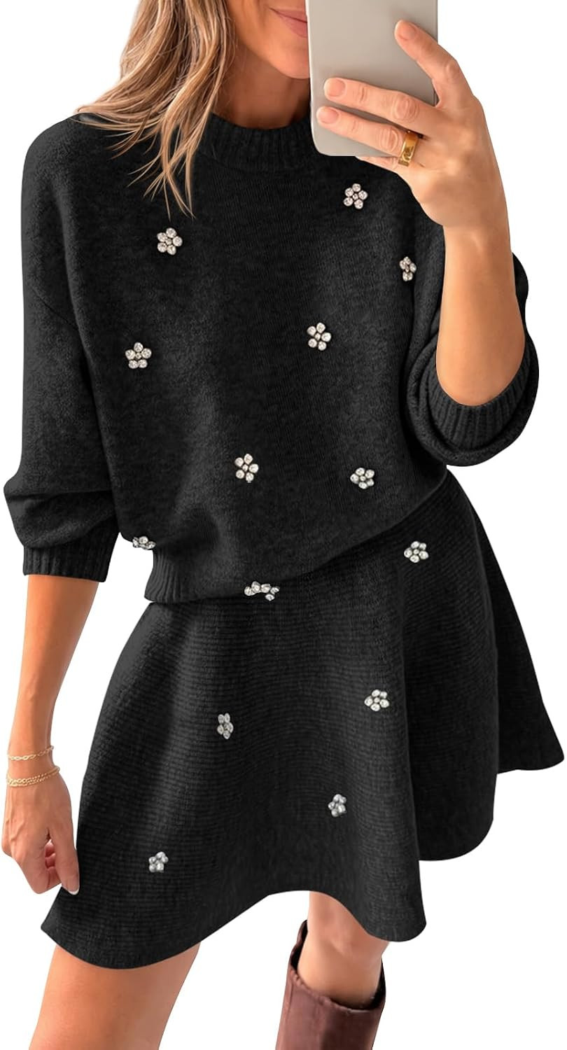 Saodimallsu Womens 2 Piece Sweater Skirt Set Fall Elegant Long Sleeve Crew Neck Top and Knit Mini Skirt with Rhinestones | Amazon (US)