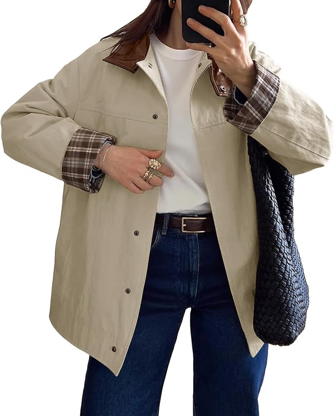 Tankaneo Womens Trench Coat Oversized Fall Barn Jacket Leather Collar Plaid Color Block Windproof... | Amazon (US)