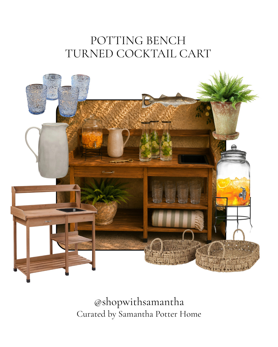 Potting bench turned cocktail cart, and all the goodies you need to go with it!  

 #LTKsummer #LTKhome