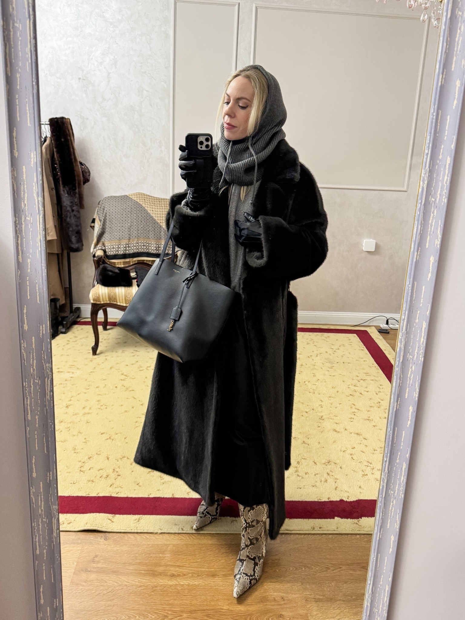 Dark gray fur coat, gray balaclava, snakeskin boots, black leather gloves, YSL tote bag

#LTKootd #LTKOver40 #LTKWorkwear