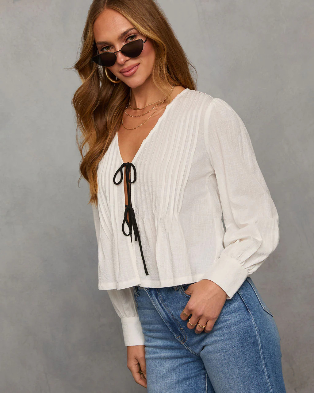 Love Lost Front Tie Pleated Peasant Blouse | VICI