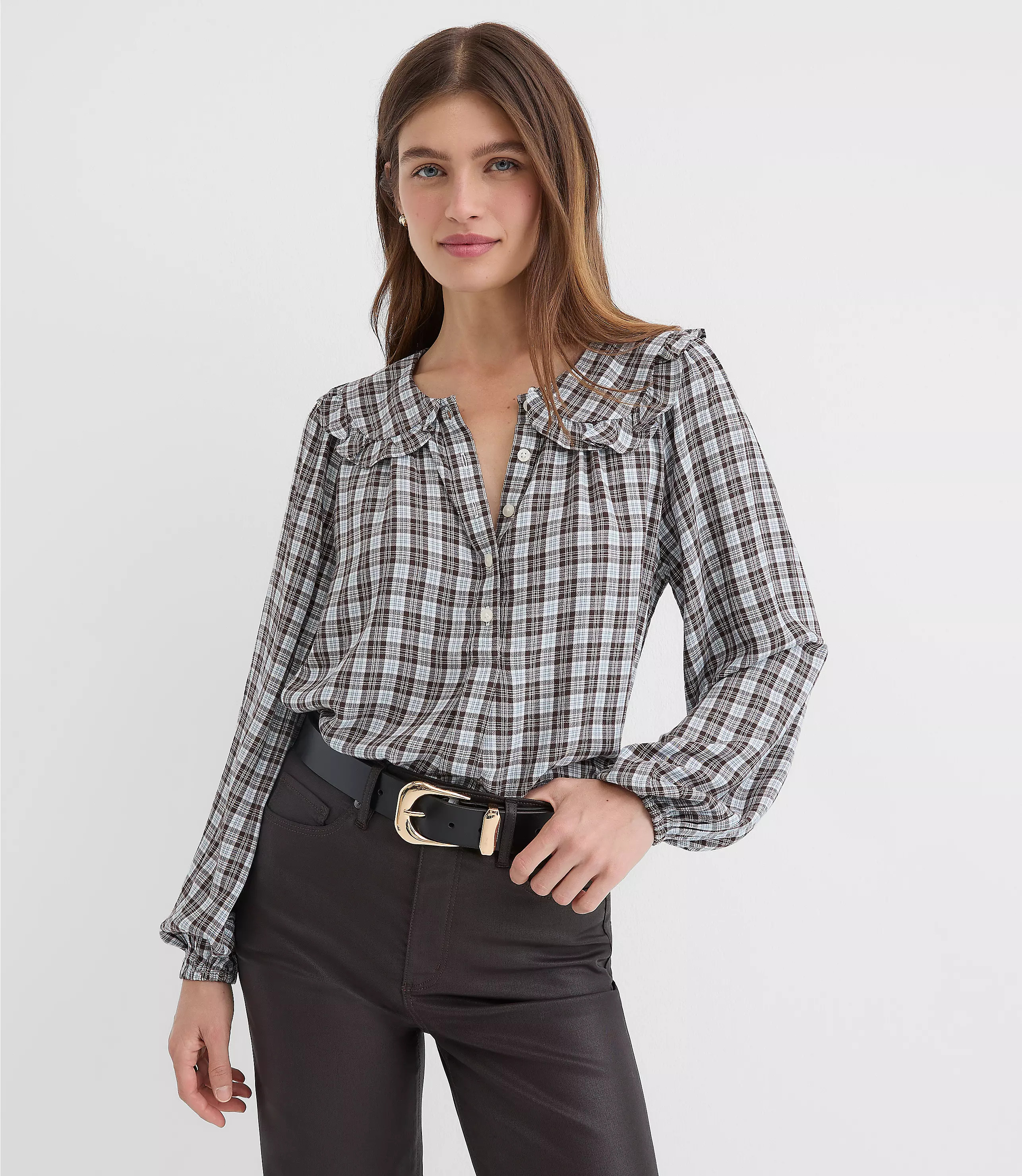 Plaid Ruffle Collar Shirred Henley Blouse | LOFT