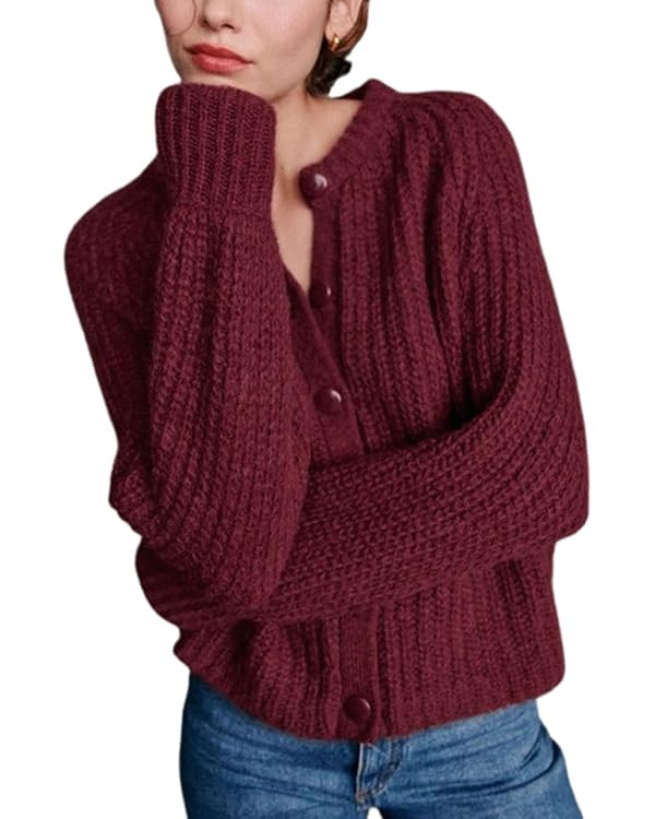 Bianstore Women's Casual Long Sleeve Crewneck Button Down Cardigan Sweater Knit Outwear | Amazon (US)