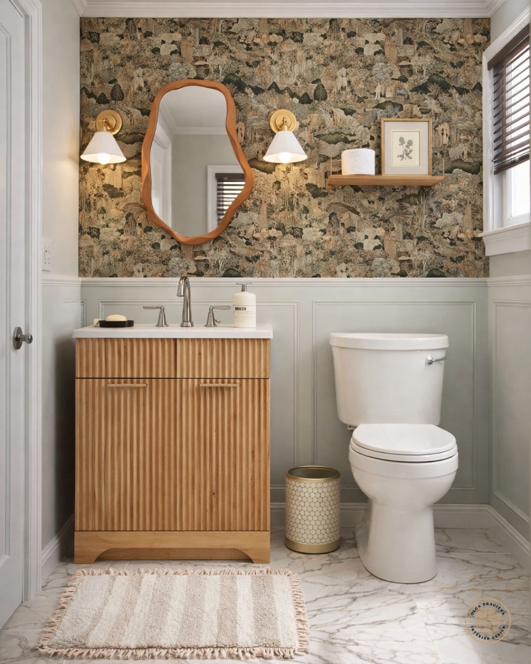 Beautiful half bathroom design. An affordable vanity, irregular mirror, marble-like tiles, beautiful wallpaper and sconces. #homedecor #bath

#LTKSeasonal #LTKselfcare #LTKHome