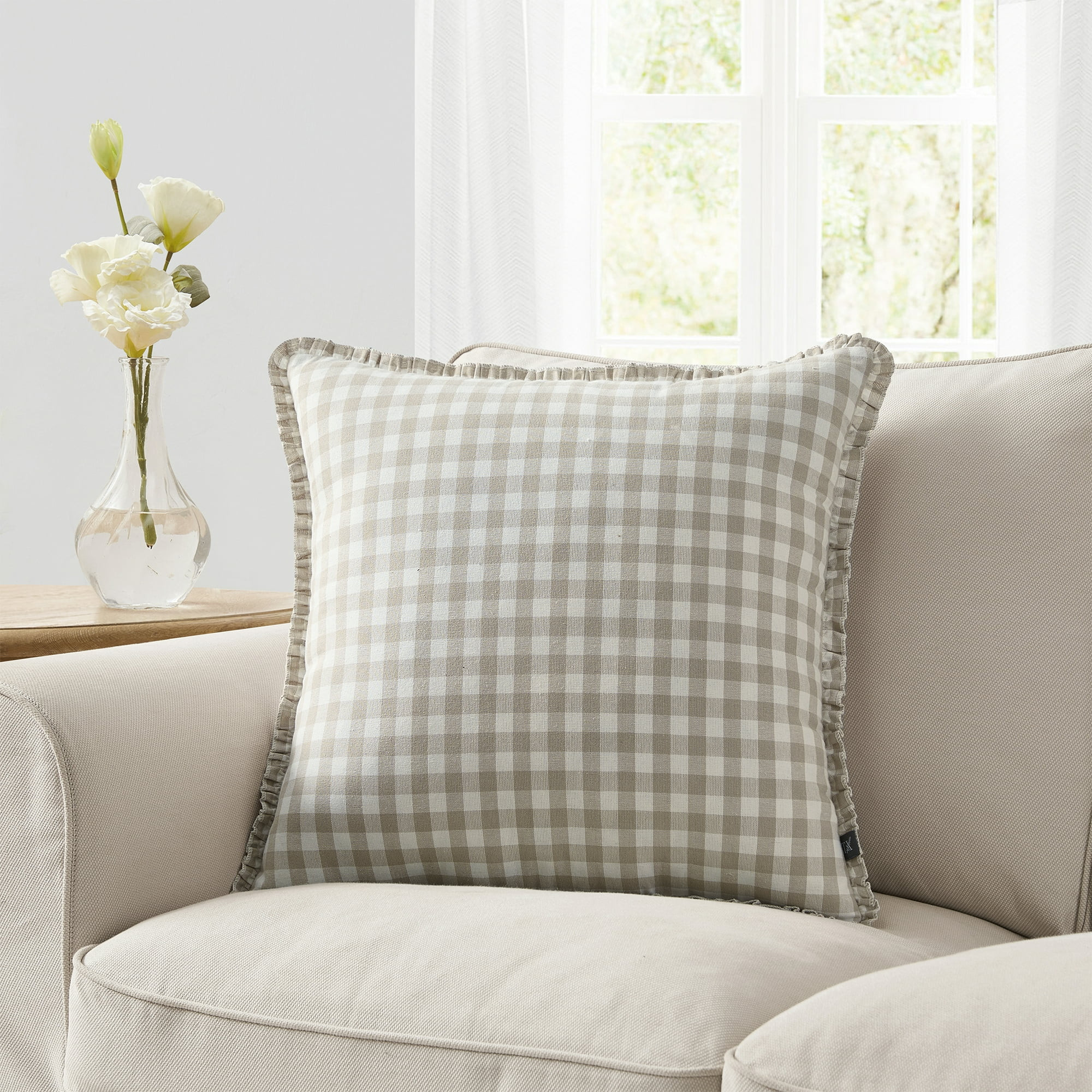 My Texas House 20" x 20" Taupe Gingham Plaid Reversible Decorative Pillow | Walmart (US)