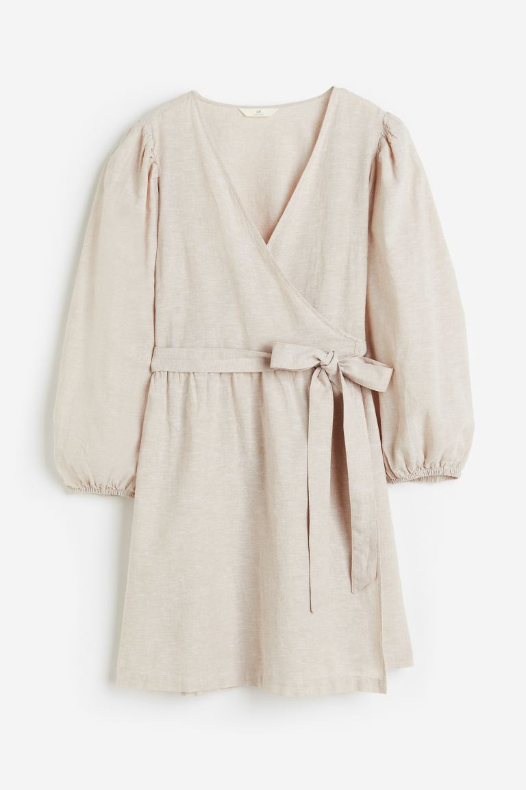Linen-blend Wrap Dress - V-neck - Long sleeve - Light beige - Ladies | H&M US | H&M (US + CA)
