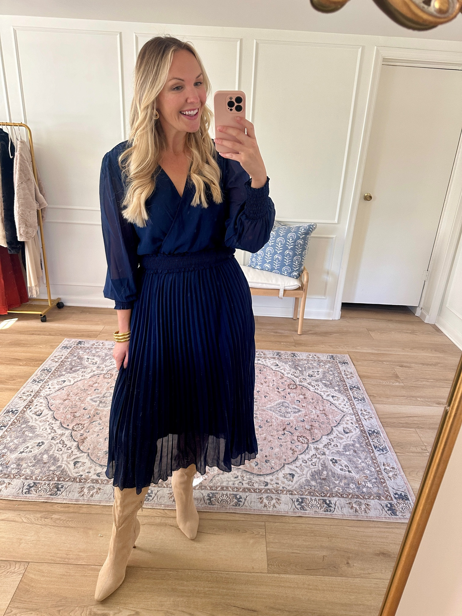 Pleated ruffle dress - fall outfit - holiday dress - family photos dress - wearing a large 

#LTKSeasonal #LTKHoliday #LTKMidsize