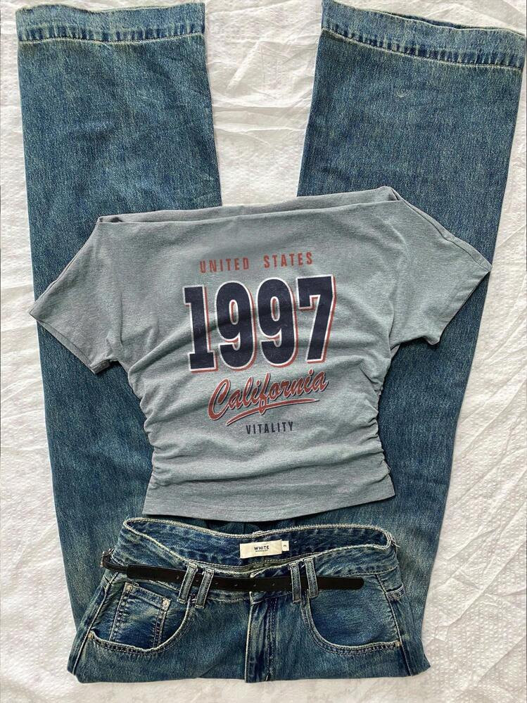 Attitoon Women's Casual Retro Style 1997 Number & Vintage English Letter & Retro Number Graphic Off Shoulder Ruched Slim Fit Short Sleeve T-Shirt, Suitable For Summer Back To School | SHEIN