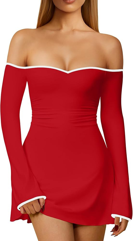 DAAWENXI Women's Sexy Off Shoulder Mini Dress Fall Long Sleeve Ruched Bodycon Party Going Out Sho... | Amazon (US)