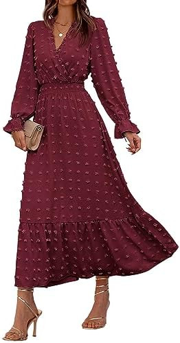 BTFBM Women Fall Maxi Dresses 2026 Long Sleeve V Neck Swiss Dots High Waisted A-Line Ruffle Boho ... | Amazon (US)