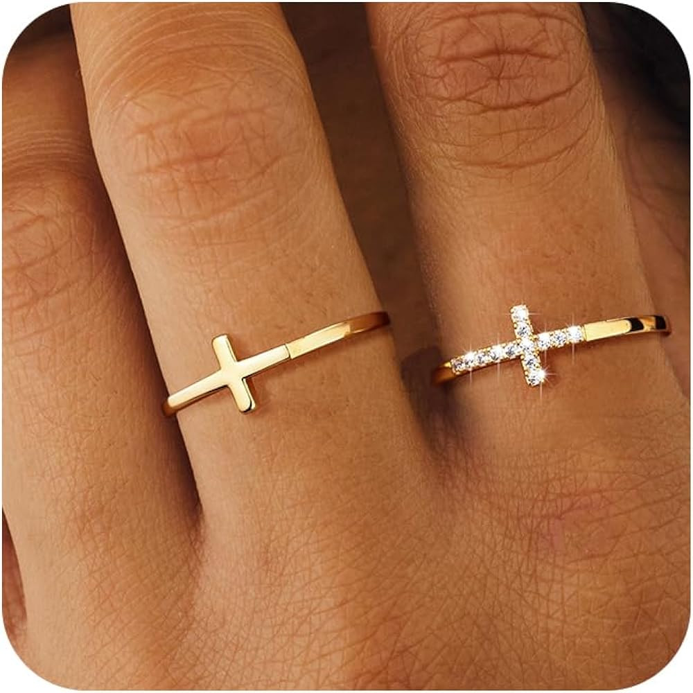 Foxgirl Cross Gold Rings for Women Girls, Dainty Trendy Stackable Ring Set 14k Gold Plated Thin C... | Amazon (US)