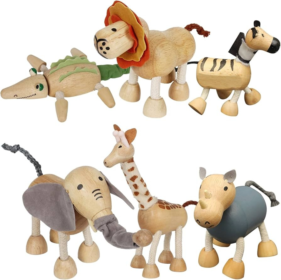6 Pack Bendable Wooden Animal Figurines Toys, Smooth Natural Wood Zoo Jungle Safari Animals Figur... | Amazon (US)