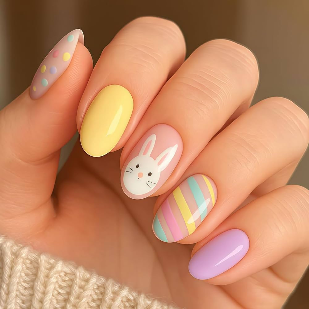 Easter Press on Nails - Medium Oval Fake Nails with Cute Rabbit | Colorful Easter Egg & Polka Dot... | Amazon (US)
