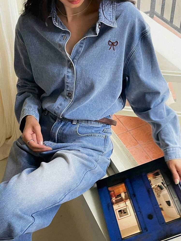 DAZY Women's Bow Embroidery Drop Shoulder Casual Denim Blouse | SHEIN