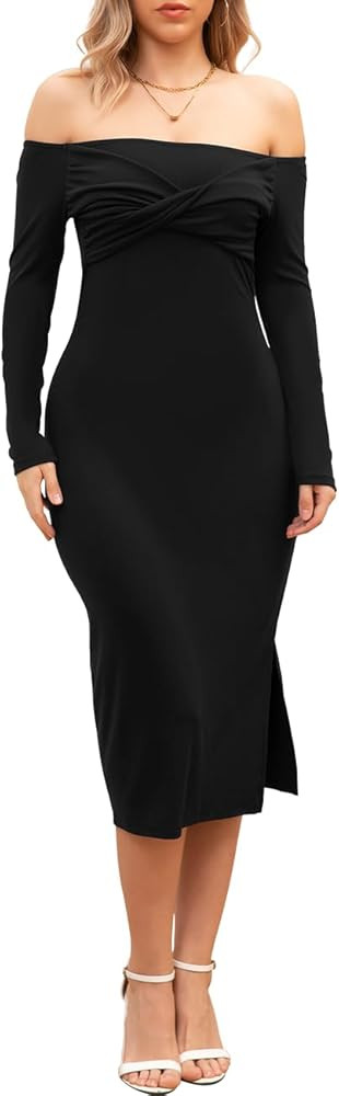 Women's Off Shoulder Bodycon Dress Long Sleeve Sexy Twist Front Elegant Party Cocktail Midi Dress... | Amazon (US)