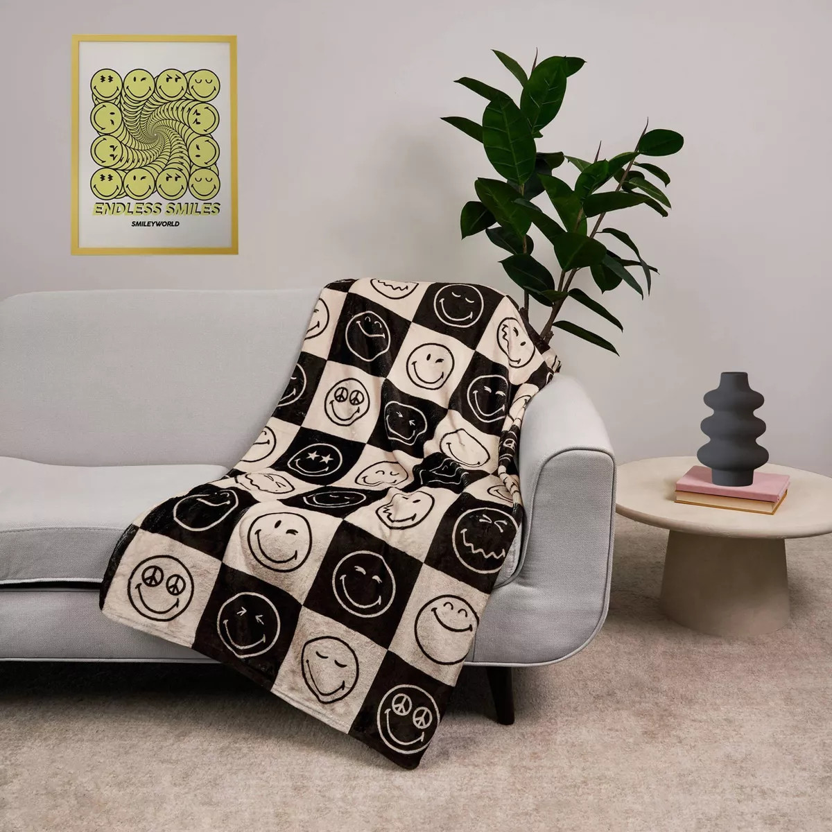 Yoobi SmileyWorld 50"x60" Faux Shearling Checkered Blanket Printed Black | Target