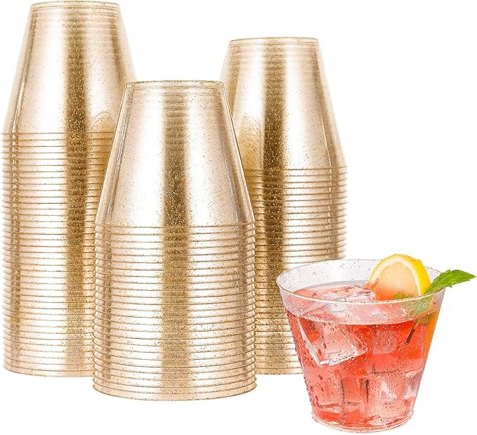 Amazon.com: 100pcs 9OZ Gold Plastic Cups,Disposable Gold Glitter Plastic Cups,Clear Plastic Tumbl... | Amazon (US)