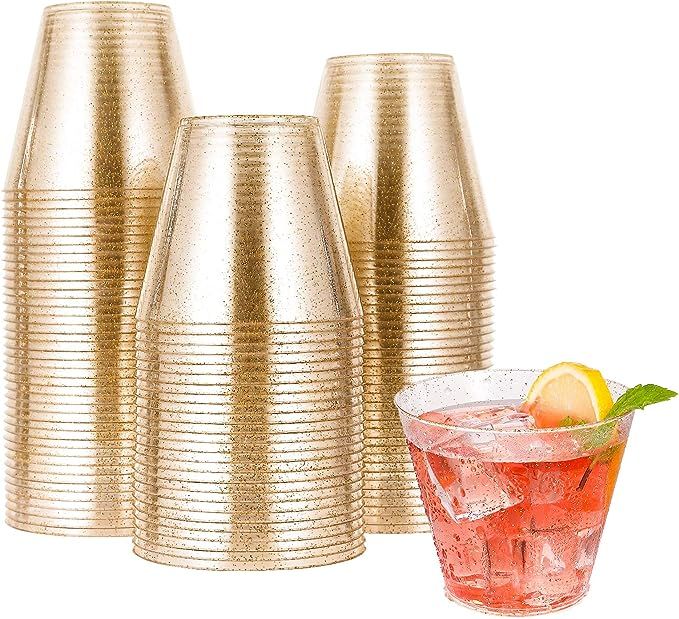 100pcs 9OZ Gold Plastic Cups,Disposable Gold Glitter Plastic Cups,Clear Plastic Tumblers,Wedding ... | Amazon (US)