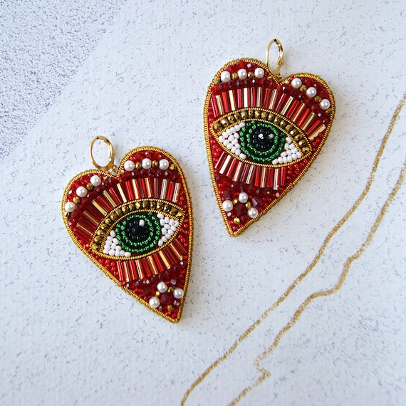 Evil Eye Earrings. Gold and Red Heart Earrings. Large | Etsy | Etsy (US)