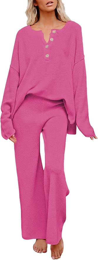 Amazon.com: Pink Queen Women's 2 Piece Knit Sweatsuit Button Knit Pullover Sweater Top and Long P... | Amazon (US)