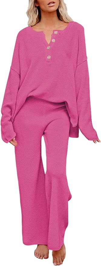 Amazon.com: Pink Queen Women's 2 Piece Knit Sweatsuit Button Knit Pullover Sweater Top and Long P... | Amazon (US)