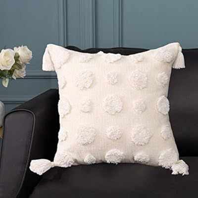 MingBo Lovely Boho Cream White Throw Pillow Cover with Woven Polka Dot Applique & Cute Tassel 18x... | Amazon (US)