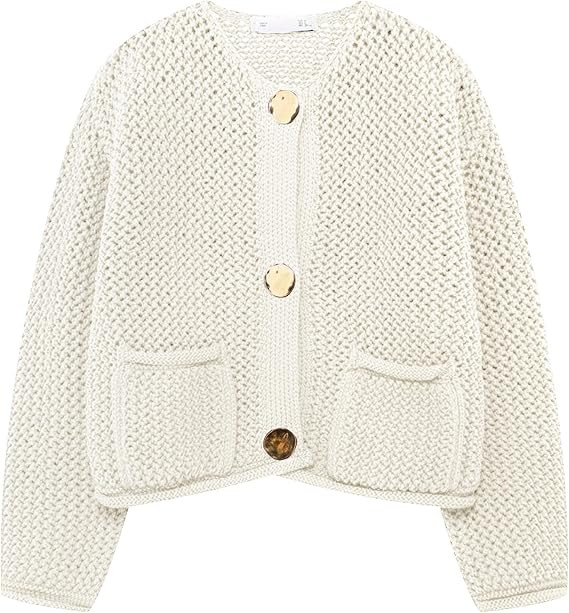 Wyeysyt Womens Cropped Cardigan Sweaters Chunky Knit Gold Button Down Open Front Cardigan Long Sl... | Amazon (US)