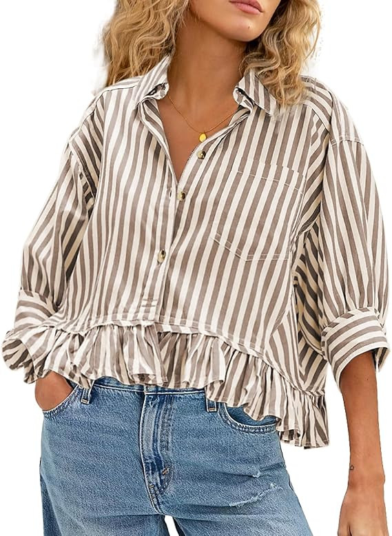 CHYRII Womens Summer Tops Dressy Casual Blouse Top Ruffled Short Sleeve Button Down Striped Shirt | Amazon (US)