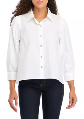 Crown & Ivy Women's Petite 3/4 Sleeve Button Down Shirt, White, PS | Belk