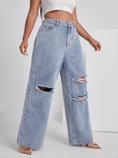 Plus High Waist Ripped Wide Leg Jeans SKU: swdenim25210524405(1000+ Reviews)Cotton$28.49$27.07Joi... | SHEIN