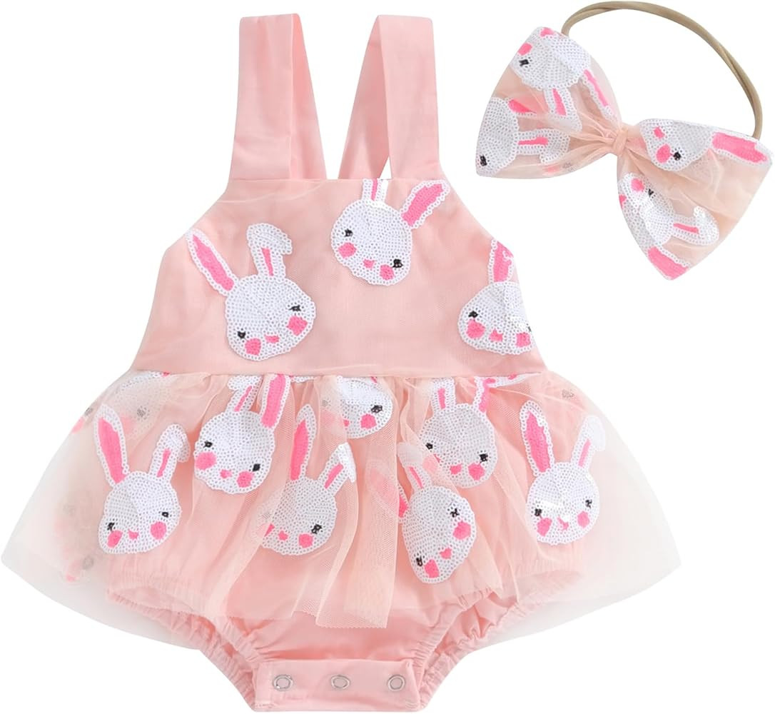 Baby Girl Easter Outfit Infant Bunny Romper Dress Ruffle Lace Jumpsuit Bodysuit Onesie Summer New... | Amazon (US)