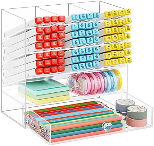 Marbrasse Acrylic Pen Organizer Storage, Upgraded Acrylic Desk Organizer with 10 Compartments + D... | Amazon (US)