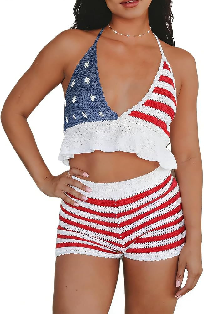 YUSAI Women 4th of July Patriotic Outfits Halter Tank Top and Shorts 2PCS Suit American Flag Croc... | Amazon (US)