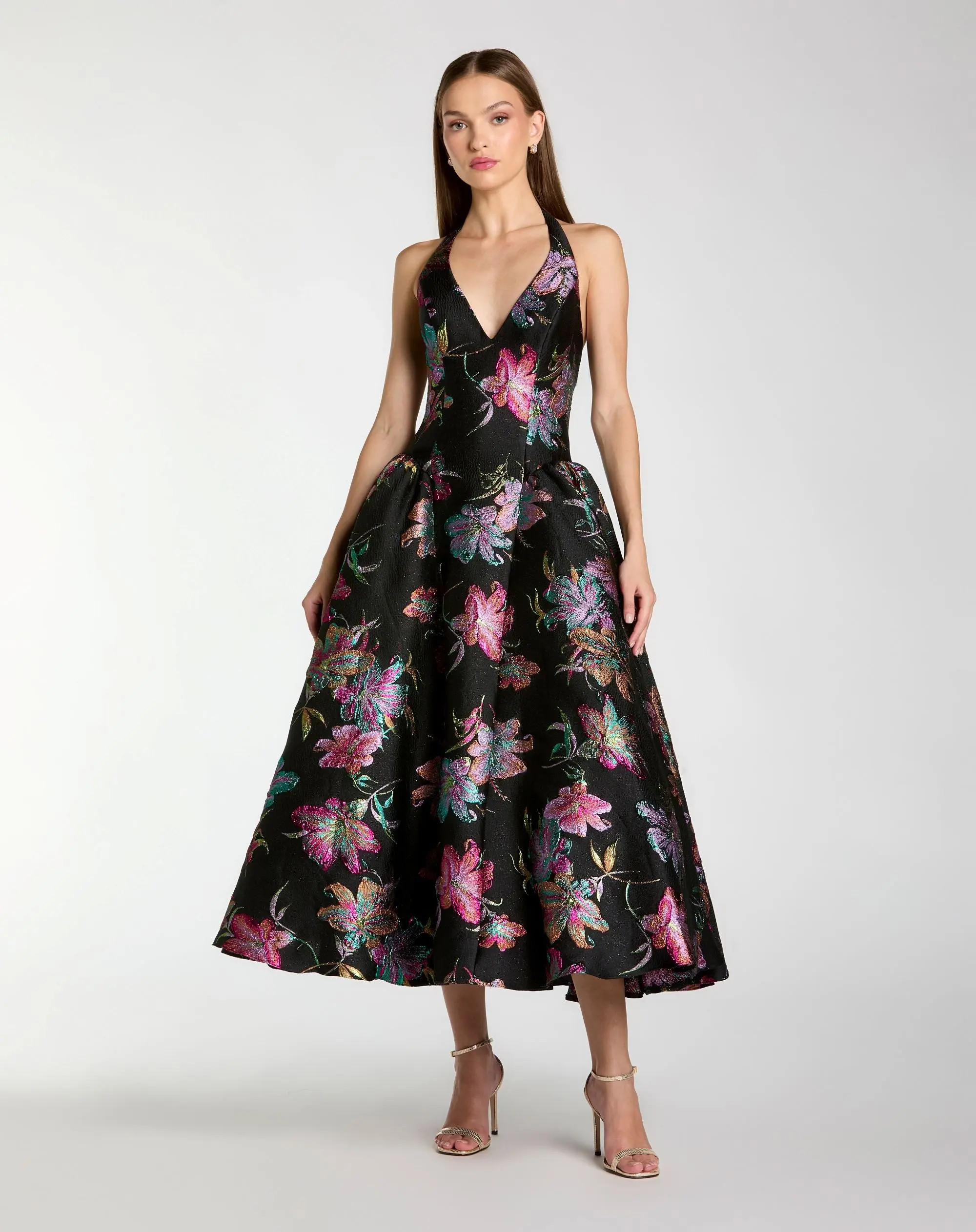 Black Brocade Halter Neck Open Back Midi Dress | Mac Duggal | Mac Duggal
