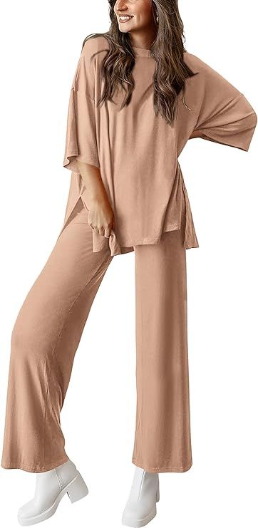PRETTYGARDEN Women's 2 Piece Outfits Casual Short Sleeve Pullover Tops and Wide Leg Pants Lounge ... | Amazon (US)