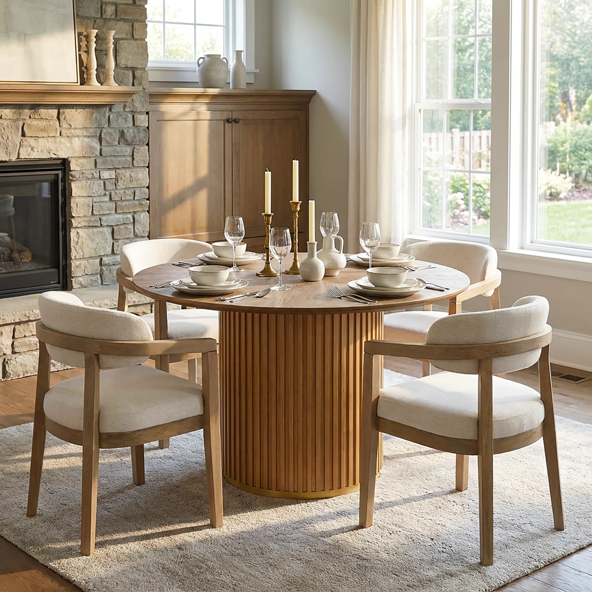 Logan 5-Piece Round Pedestal Dining Table Set With Upholstered Chairs | Wayfair North America