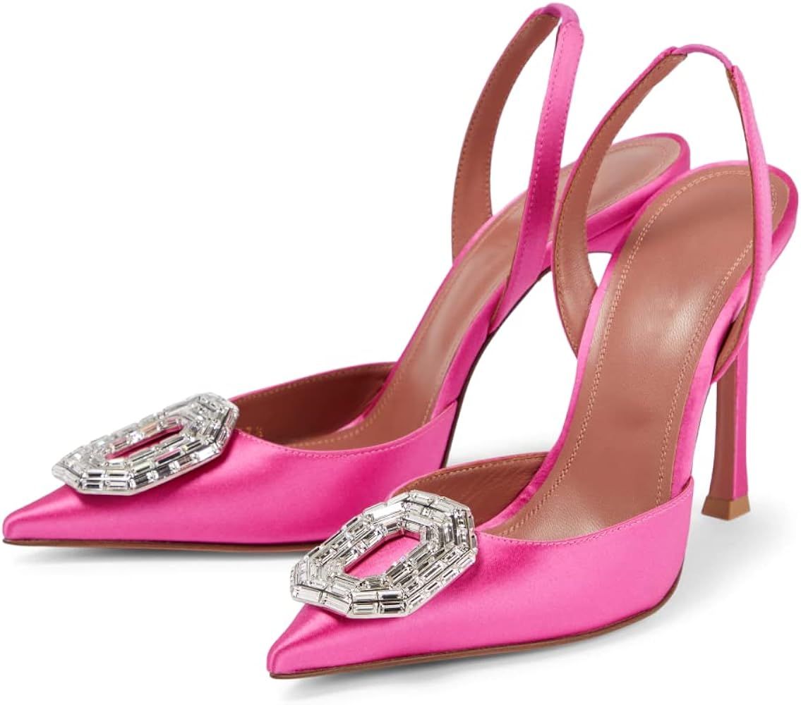 Women's Rhinestone Satin Slingback Pumps Pointed Toe Satin Crystal Stiletto High Heels Sandals Pa... | Amazon (US)