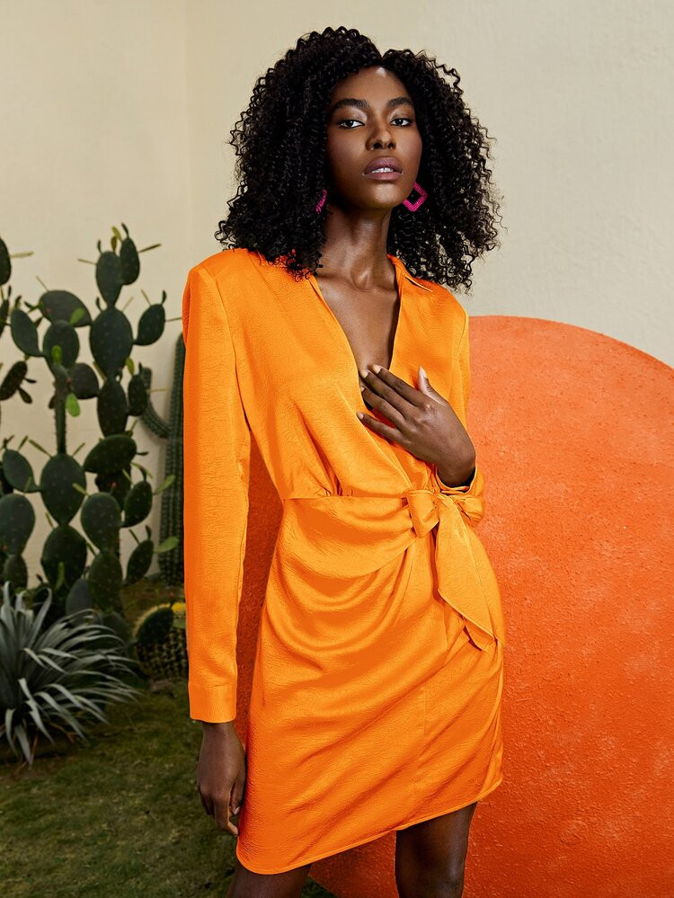 SHEIN Neon Orange Cross Wrap Tie Front Dress | SHEIN
