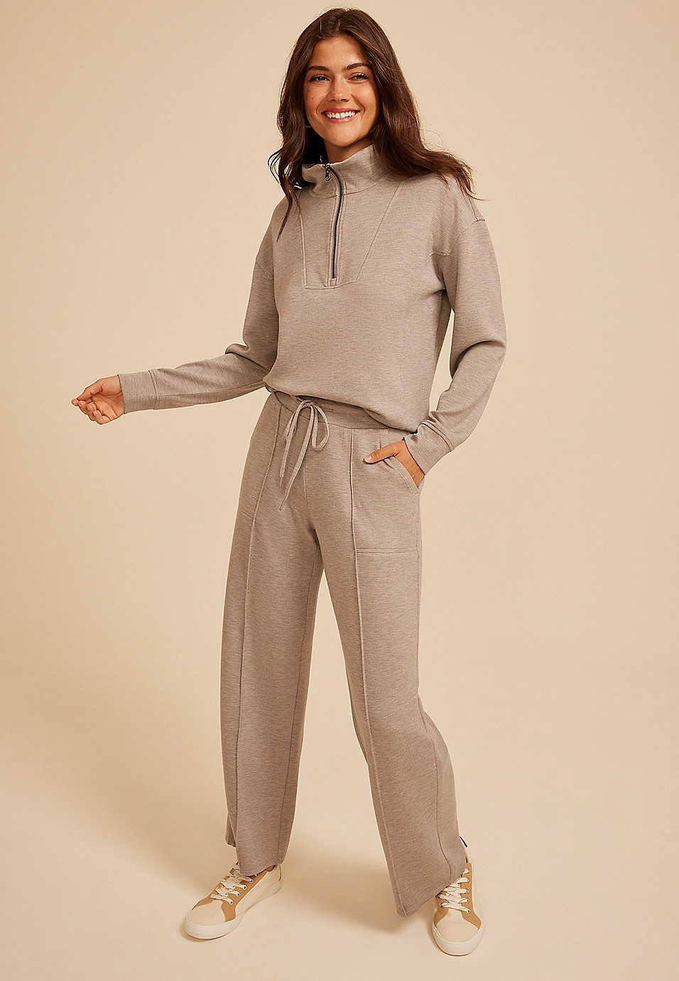 Heathered Pintuck Cloud Scuba Knit Wide Leg Pant | Maurices
